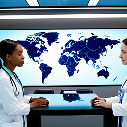 Home 18 A diverse group of professional nurses collaborating seamlessly in a futuristic, high-tech hospital setting. Emphasize advanced medical technology, AI integration, and global cooperation through holographic displays of patient data, connected networks, and a subtle world map in the background. Bright, modern, and clean aesthetic.
