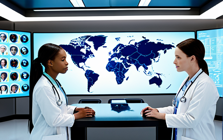 A diverse group of professional nurses collaborating seamlessly in a futuristic, high-tech hospital setting. Emphasize advanced medical technology, AI integration, and global cooperation through holographic displays of patient data, connected networks, and a subtle world map in the background. Bright, modern, and clean aesthetic.