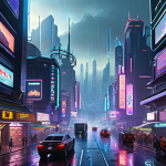 A hyperrealistic rendering of a cyberpunk cityscape at dusk, featuring towering skyscrapers adorned with neon lights, flying vehicles navigating complex air traffic lanes, and a bustling street market below, all bathed in the glow of holographic advertisements. Focus on intricate details, rain-slicked streets, volumetric fog, and a vibrant color palette, reflecting a futuristic, dystopian atmosphere.