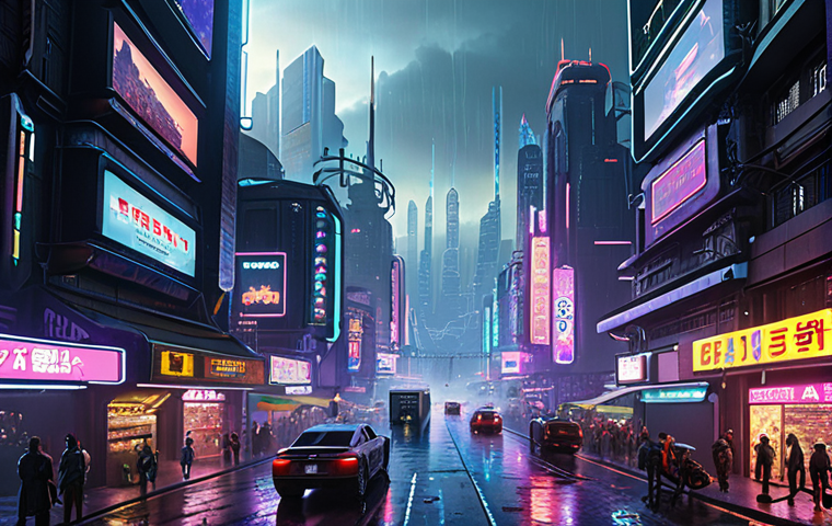 A hyperrealistic rendering of a cyberpunk cityscape at dusk, featuring towering skyscrapers adorned with neon lights, flying vehicles navigating complex air traffic lanes, and a bustling street market below, all bathed in the glow of holographic advertisements. Focus on intricate details, rain-slicked streets, volumetric fog, and a vibrant color palette, reflecting a futuristic, dystopian atmosphere.