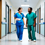 **

"A diverse team of healthcare professionals, including nurses and doctors, in a brightly lit modern hospital hallway, fully clothed in professional, modest scrubs and uniforms, interacting with patients and colleagues, safe for work, appropriate content, perfect anatomy, correct proportions, family-friendly, clean environment, professional setting."

**