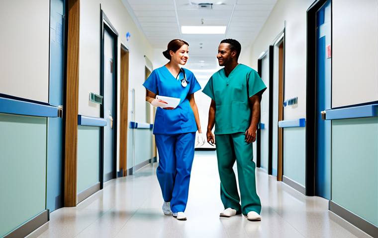 **
"A diverse team of healthcare professionals, including nurses and doctors, in a brightly lit modern hospital hallway, fully clothed in professional, modest scrubs and uniforms, interacting with patients and colleagues, safe for work, appropriate content, perfect anatomy, correct proportions, family-friendly, clean environment, professional setting."
**