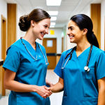 **

"A young, smiling nurse in a modest blue scrub uniform, being mentored by a senior nurse in a bright hospital hallway, fully clothed, appropriate content, safe for work, professional setting, perfect anatomy, natural proportions, well-formed hands, proper finger count, family-friendly"

**