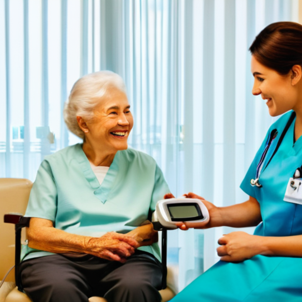 간호사로서의 자기계발 강좌 추천 - A compassionate female nurse in her late 30s, dressed in clean, light blue scrubs, is gently instruc...