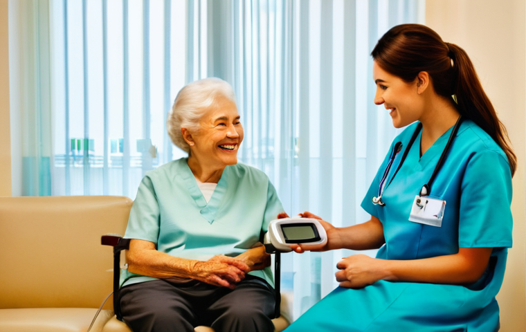 간호사로서의 자기계발 강좌 추천 - A compassionate female nurse in her late 30s, dressed in clean, light blue scrubs, is gently instruc...
