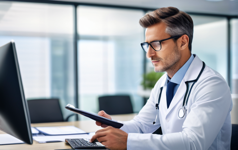 간호사로서의 자기계발 강좌 추천 - A compassionate female nurse in her late 30s, dressed in clean, light blue scrubs, is gently instruc...