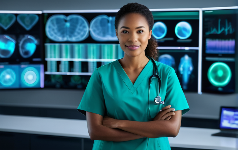 간호사로서의 자기계발 강좌 추천 - A focused male nurse in his early 40s, professionally dressed in a crisp white shirt and dark trouse...