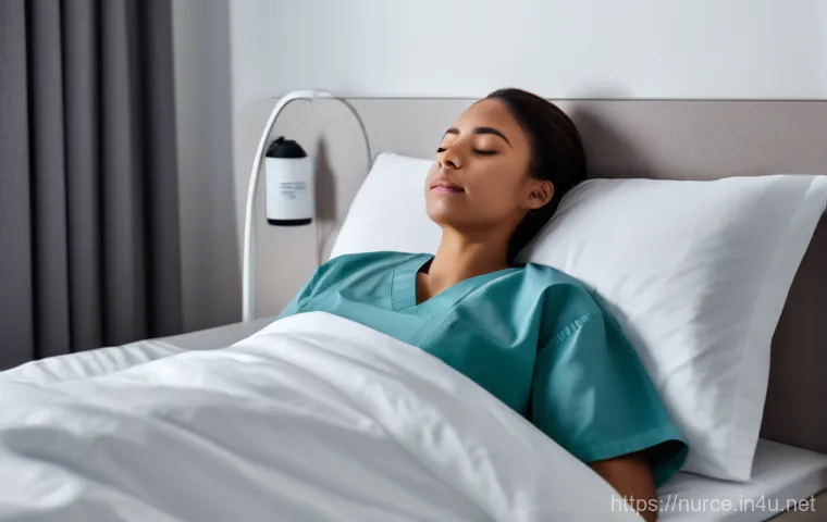 간호사 건강관리 팁 - A female nurse, appearing tired but with a sense of relief, is in her meticulously prepared bedroom ...