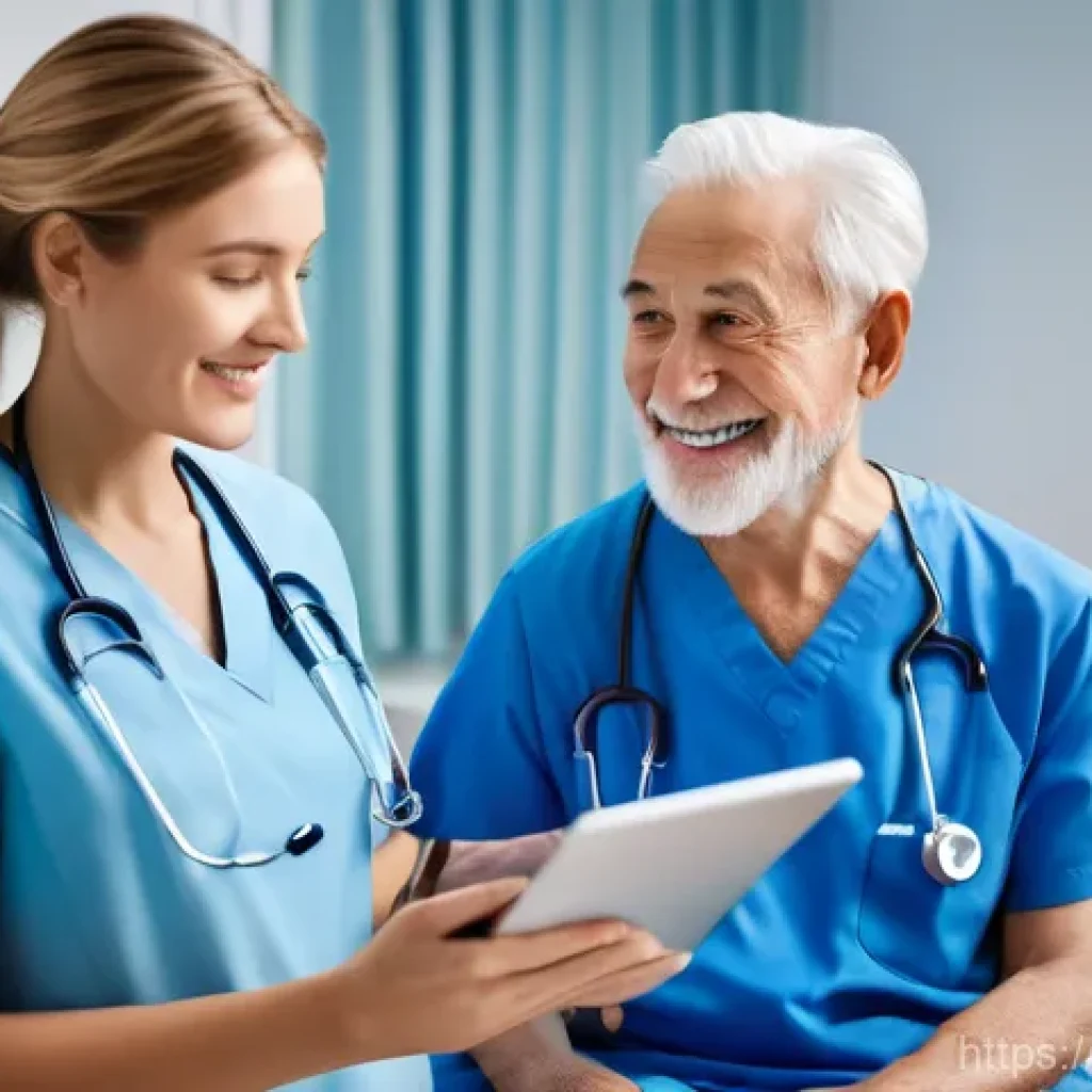 간호사의 전문 분야 선택 가이드 - A compassionate female nurse, wearing clean, light blue scrubs and a stethoscope, is standing beside...