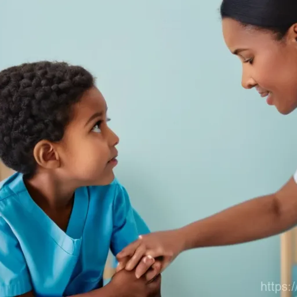 간호사의 근무 중 맞이하는 공감 사례 - **Image Prompt 1: The Subtle Language of Pain in Pediatrics**
A compassionate female nurse, wear...