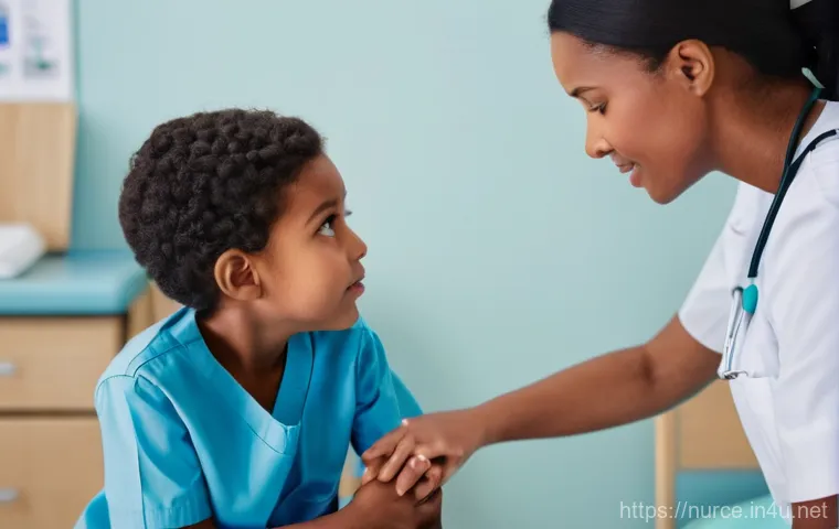 간호사의 근무 중 맞이하는 공감 사례 - **Image Prompt 1: The Subtle Language of Pain in Pediatrics**
A compassionate female nurse, wear...