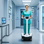 간호사의 글로벌 직무 트렌드 - **Digital Healthcare and AI Integration in a Smart Hospital Setting**: A professional female nurse, ...