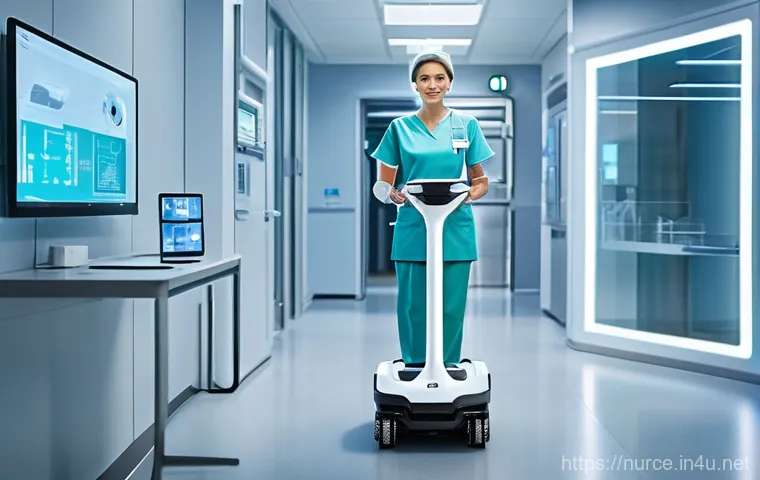간호사의 글로벌 직무 트렌드 - **Digital Healthcare and AI Integration in a Smart Hospital Setting**: A professional female nurse, ...