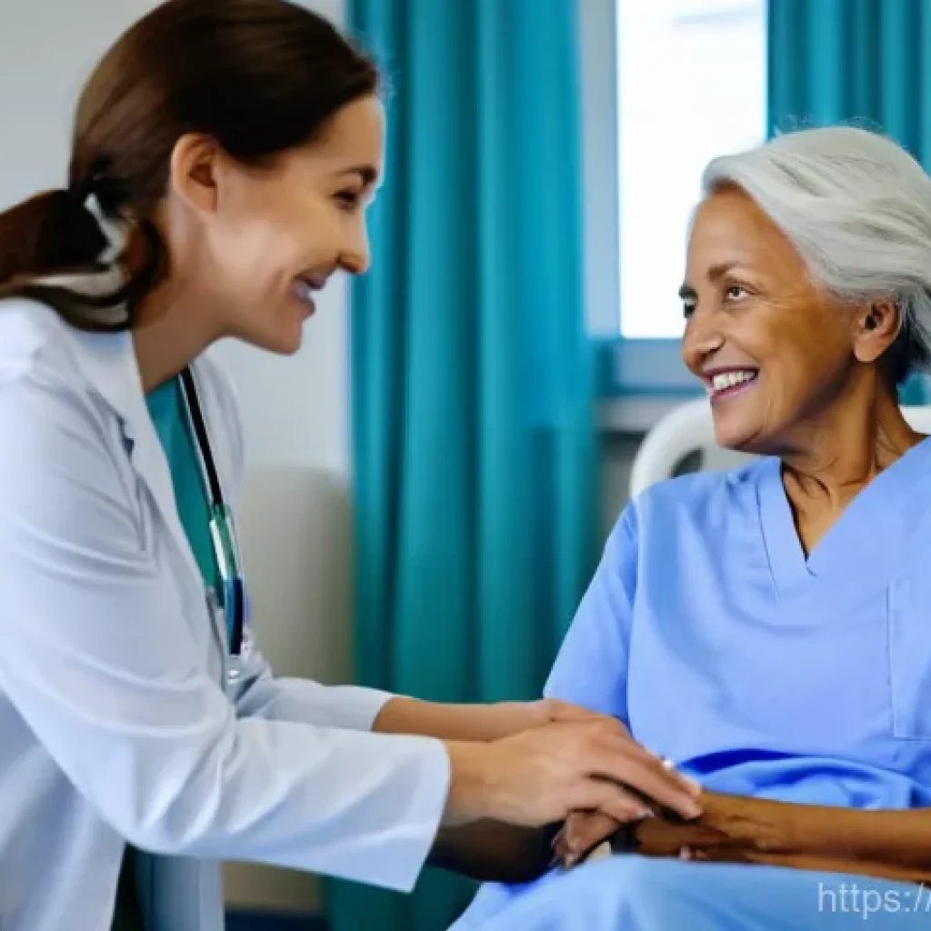 간호사의 병원 내부 교육 경험 - A compassionate female nurse, wearing clean blue scrubs and a white lab coat, gently holds the hand ...