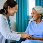 간호사의 병원 내부 교육 경험 - A compassionate female nurse, wearing clean blue scrubs and a white lab coat, gently holds the hand ...
