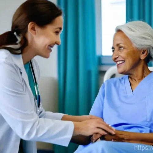 Home 26 간호사의 병원 내부 교육 경험 - A compassionate female nurse, wearing clean blue scrubs and a white lab coat, gently holds the hand ...