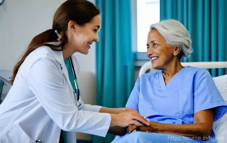 간호사의 병원 내부 교육 경험 - A compassionate female nurse, wearing clean blue scrubs and a white lab coat, gently holds the hand ...