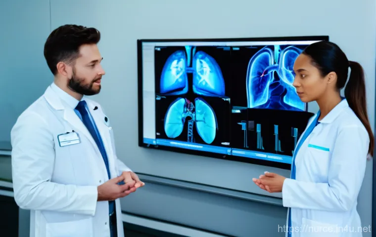 간호사의 병원 내부 교육 경험 - A compassionate female nurse, wearing clean blue scrubs and a white lab coat, gently holds the hand ... 간호사의 병원 내부 교육 경험 - A compassionate female nurse, wearing clean blue scrubs and a white lab coat, gently holds the hand ...