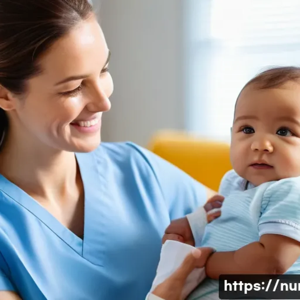 간호사의 건강 상담 사례 - A kind female nurse in a clean, light-blue uniform is gently holding a baby wearing a clean diaper, ...