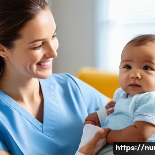 Home 24 간호사의 건강 상담 사례 - A kind female nurse in a clean, light-blue uniform is gently holding a baby wearing a clean diaper, ...