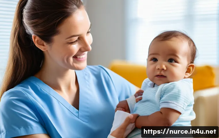 간호사의 건강 상담 사례 - A kind female nurse in a clean, light-blue uniform is gently holding a baby wearing a clean diaper, ...