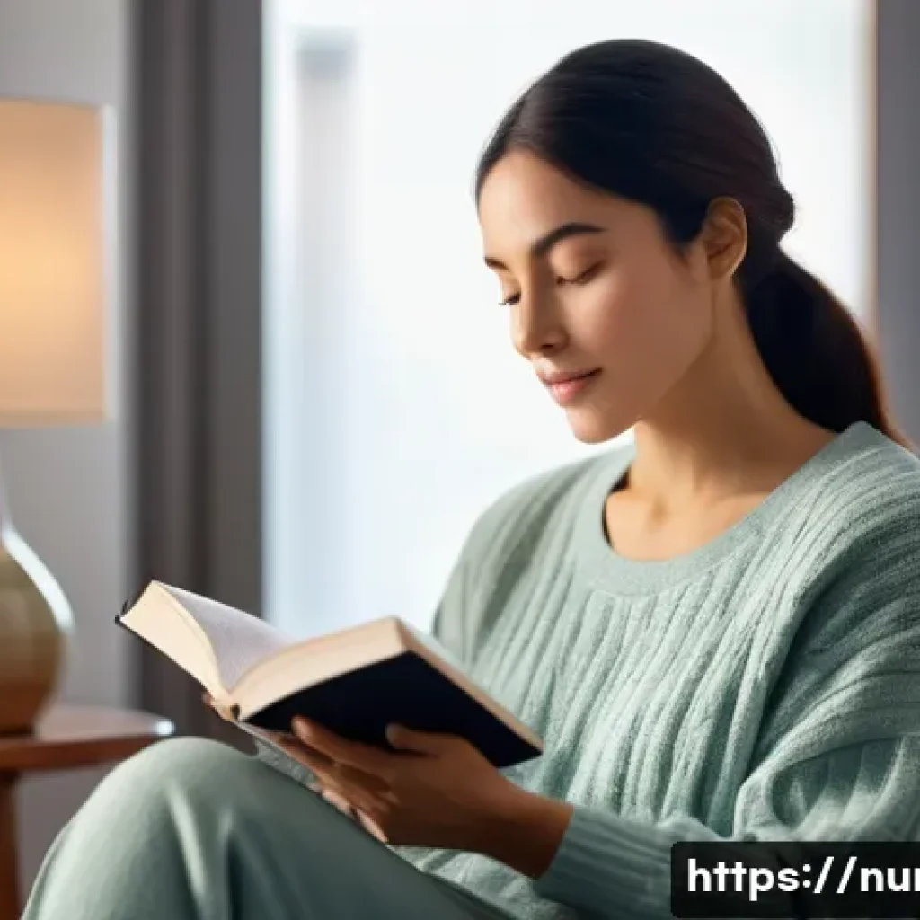 간호사의 멘탈 케어 팁 - A female nurse, appearing calm and serene, is seated comfortably in a sunlit, cozy room, perhaps by ...