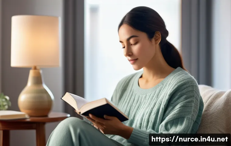 간호사의 멘탈 케어 팁 - A female nurse, appearing calm and serene, is seated comfortably in a sunlit, cozy room, perhaps by ...